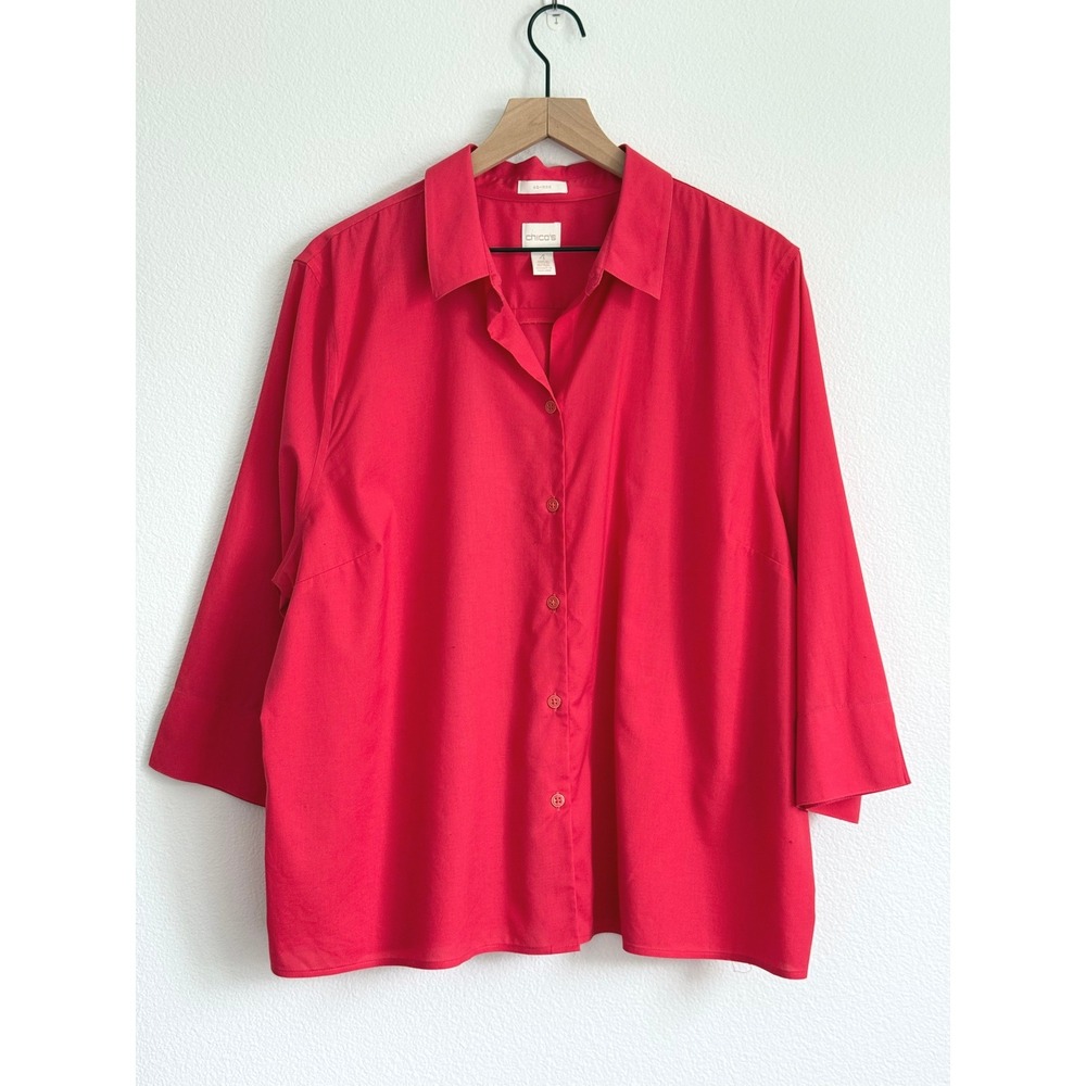 Chico's No-Iron Button Down Shirt‎ 4 XL Pink Classic Career 3/4 Sleeve Stretch